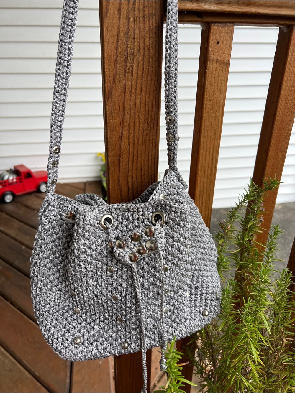 Handmade Gray Crochet Shoulder Bag with Bead Accents